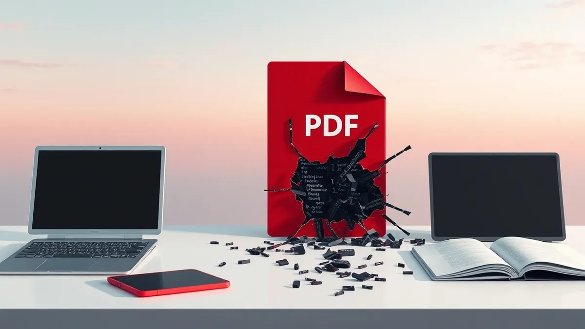 Illustration: A cracked open red PDF document icon bleeds dark, jagged code snippets onto a sterile white desk.