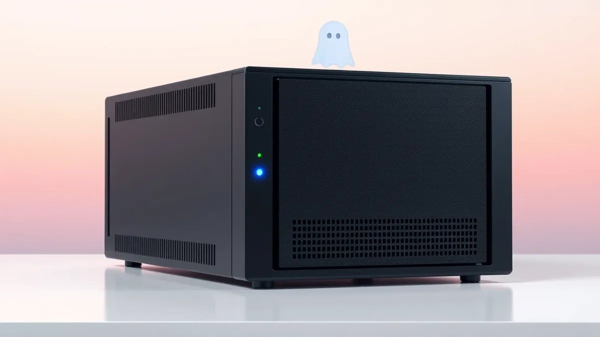 Illustration: A sleek, black enterprise firewall sits on a clean white desk.