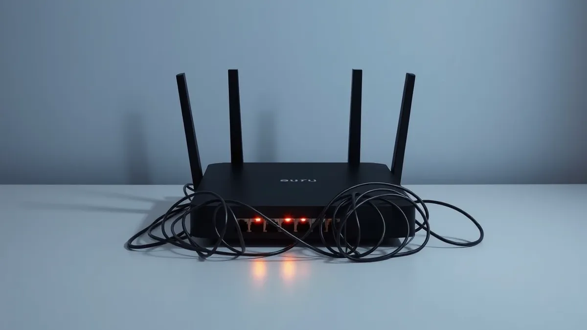 Illustration: A sleek black router sits on a plain white desk, its indicator lights glowing softly in the dim room.