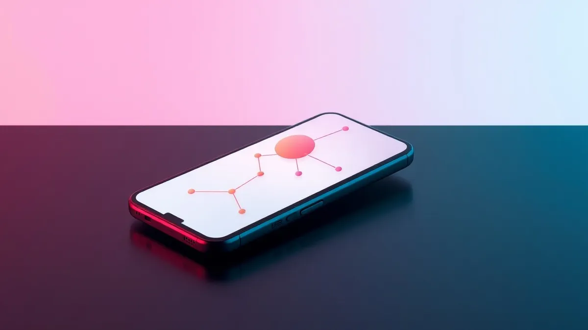 Illustration: A sleek smartphone rests on a dark table, its screen displaying a clean interface with abstract geometric nodes connecting in a web.