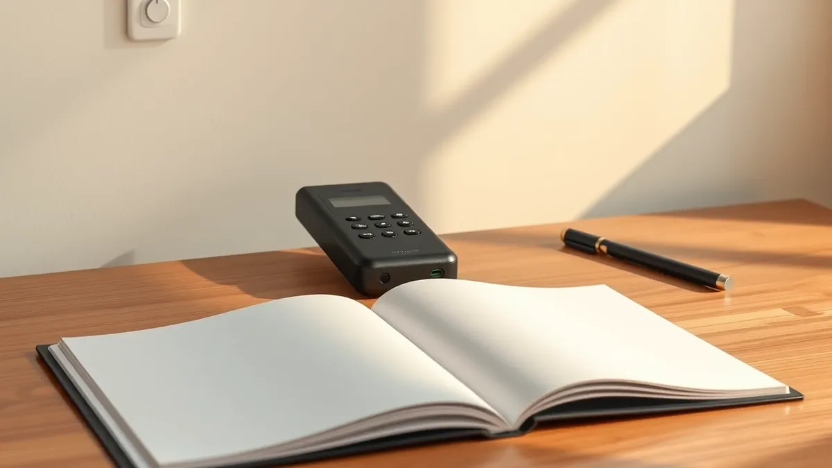 Illustration: A sleek, matte-black portable voice recorder rests on a clean wooden desk next to an open notebook with blank pages.