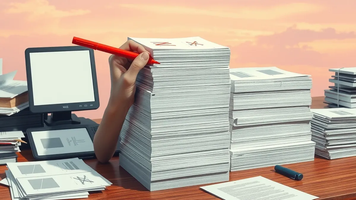 Illustration: A solitary hand holds a bright red marker, carefully striking through lines on a thick stack of plain white index cards.