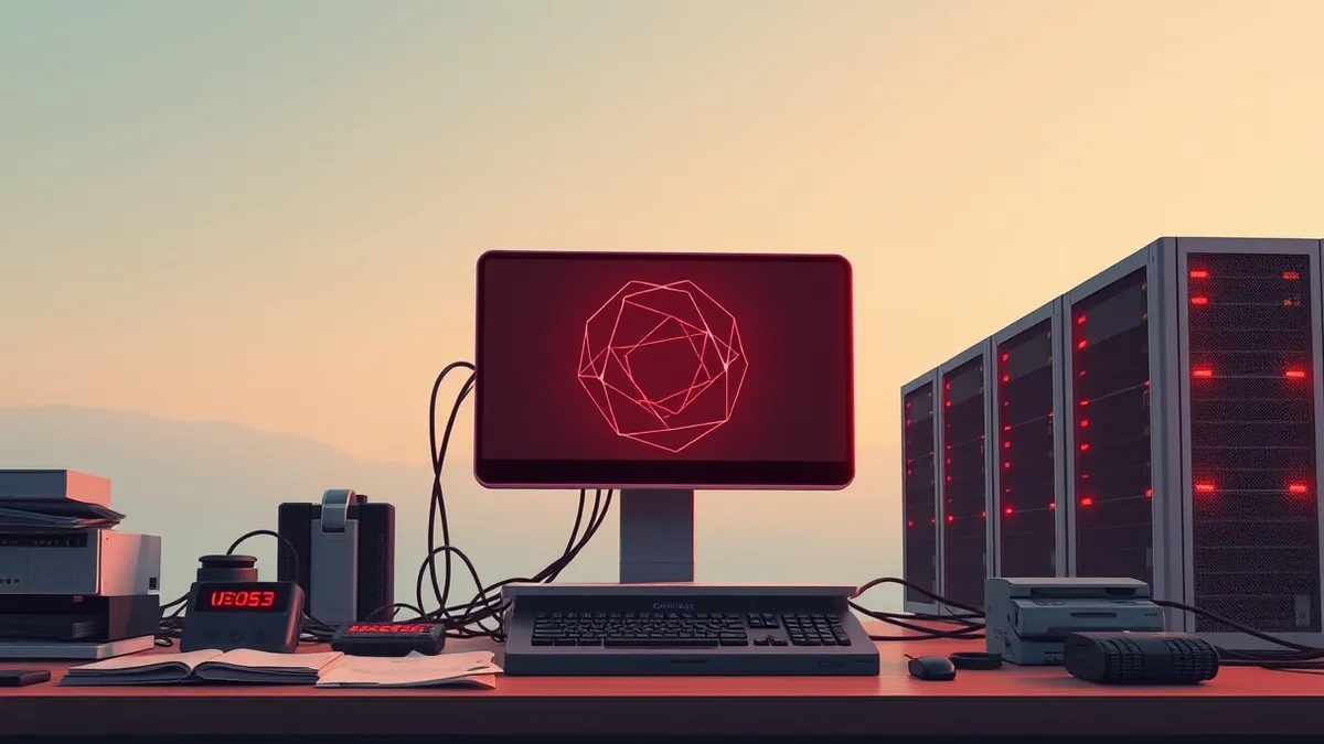 Illustration: A sleek artificial intelligence terminal sits on a cluttered desk, its screen displaying abstract geometric shapes that pulse with urgent red light.