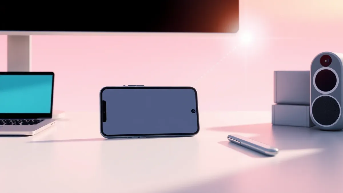 Illustration: A sleek smartphone sits on a clean desk, displaying a blank chat interface with abstract geometric shapes representing digital assistant responses, while a glowing wi