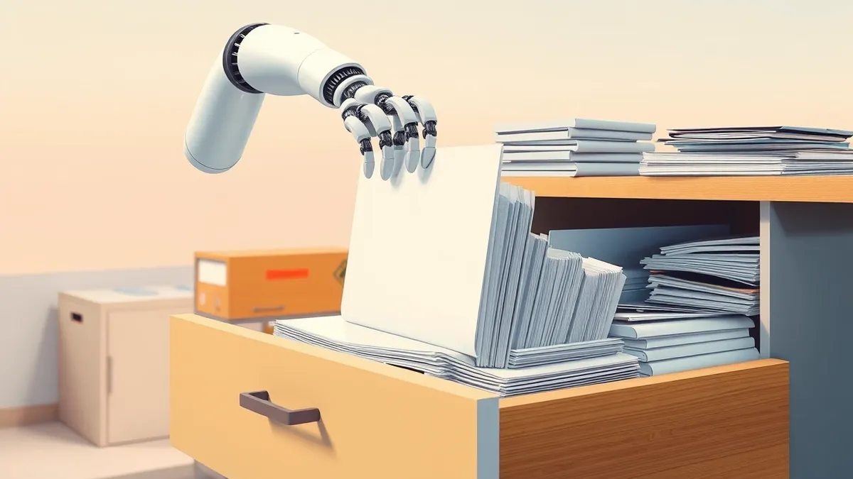 Illustration: A sleek white robot arm reaches into a cluttered office drawer, pulling out a thick stack of blank white folders.