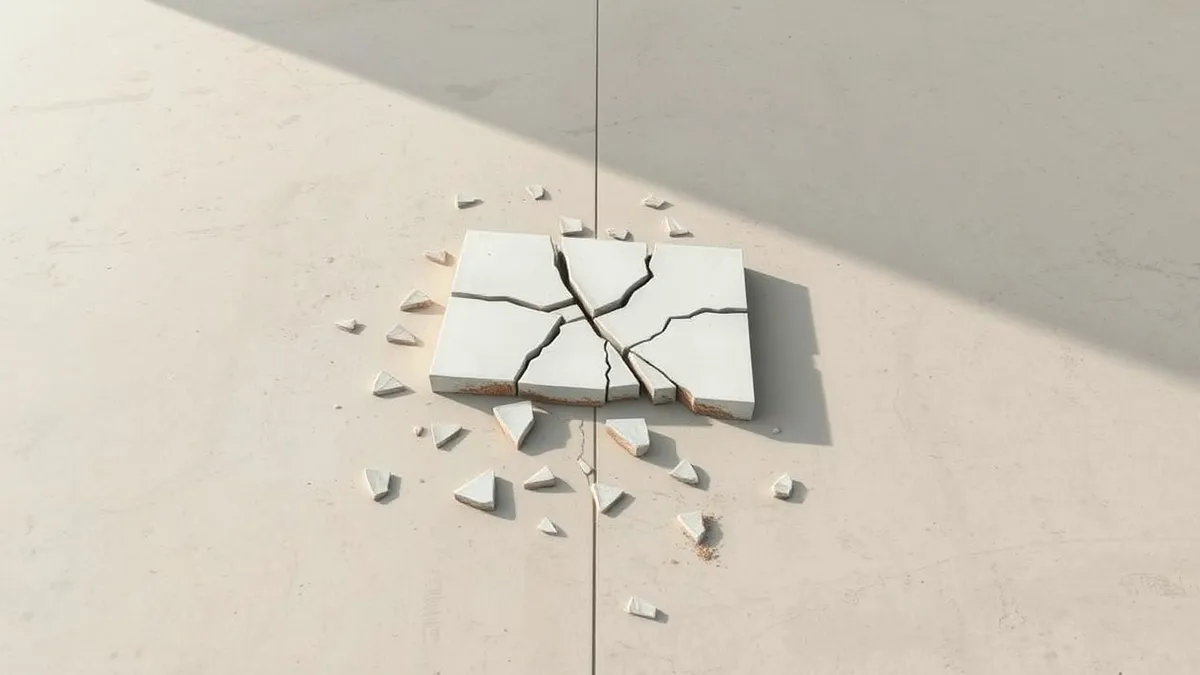 Illustration: A cracked ceramic tile lies on a polished concrete floor, its fractured surface revealing jagged edges where the structure failed under pressure.