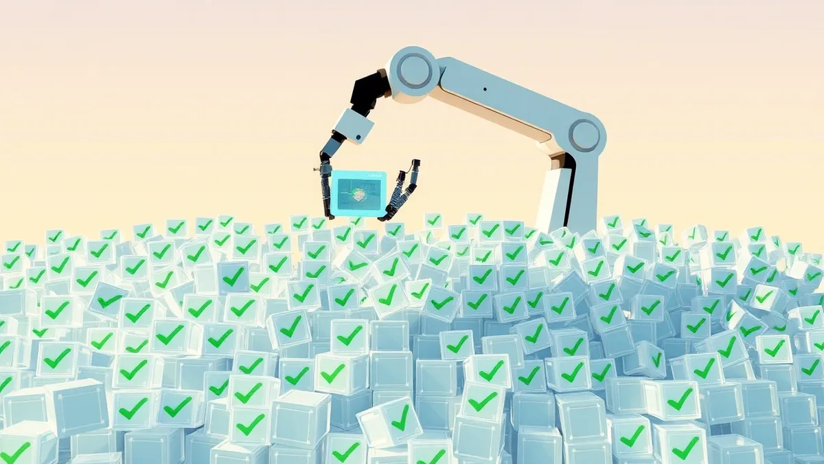 Illustration: A sleek robotic arm sorts through a massive pile of translucent geometric blocks representing code commits.