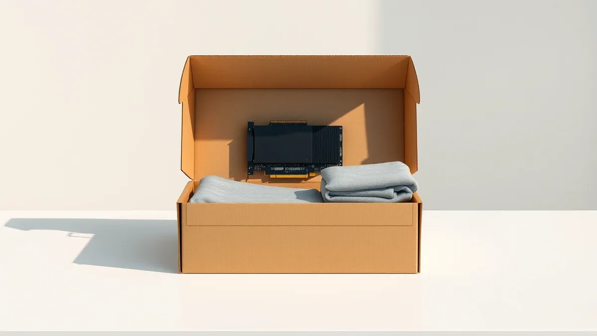 Illustration: An open cardboard box sits on a clean white desk, revealing a sleek black computer accelerator card nestled in protective foam.