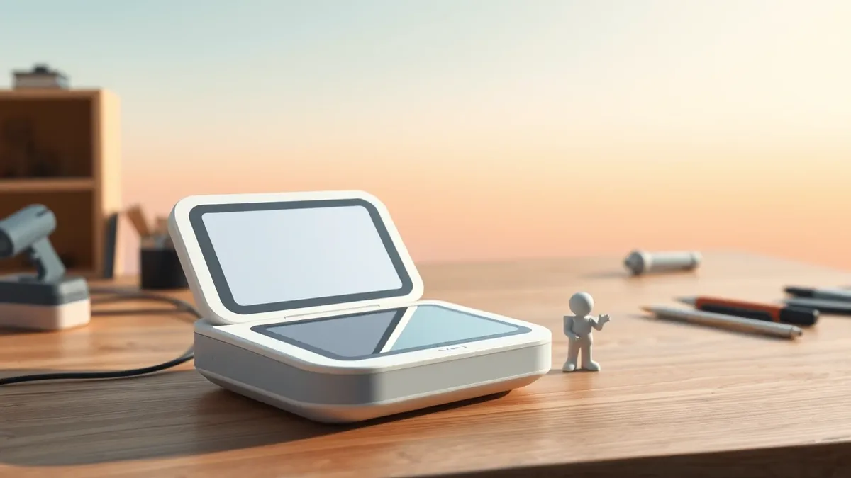 Illustration: A compact handheld scanner rests on a wooden workbench beside a small plastic figurine.
