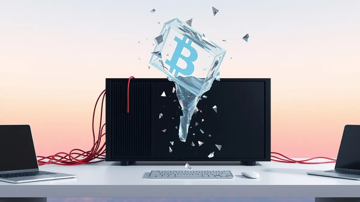 Illustration: A sleek black server sits on a clean white desk, connected by tangled red cables to a translucent blockchain block floating in the air.