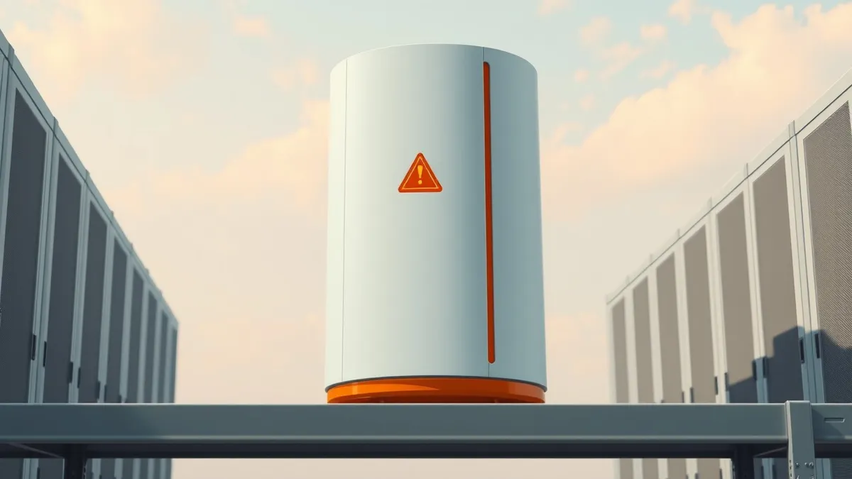 Illustration: A white cylindrical tower with orange accents sits on a gray metal shelf in a data center.