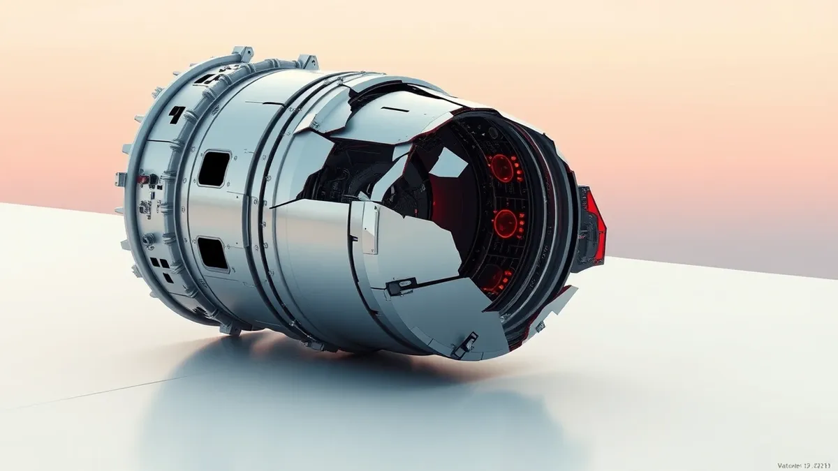 Illustration: A silver satellite component rests on a clean white workbench, its surface cracked like shattered glass to reveal intricate internal circuitry.