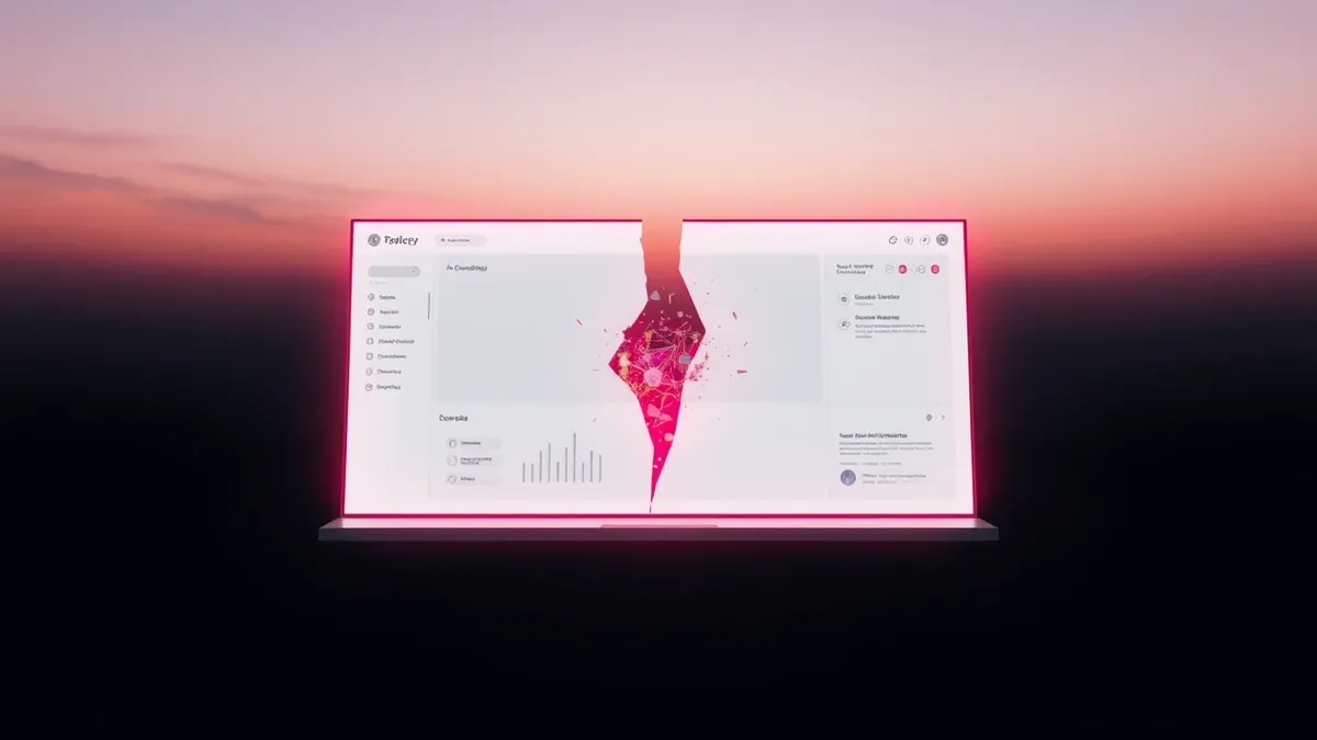 Illustration: A sleek, white software interface window floats in a dark void, its clean panels illuminated by an ominous red glow.