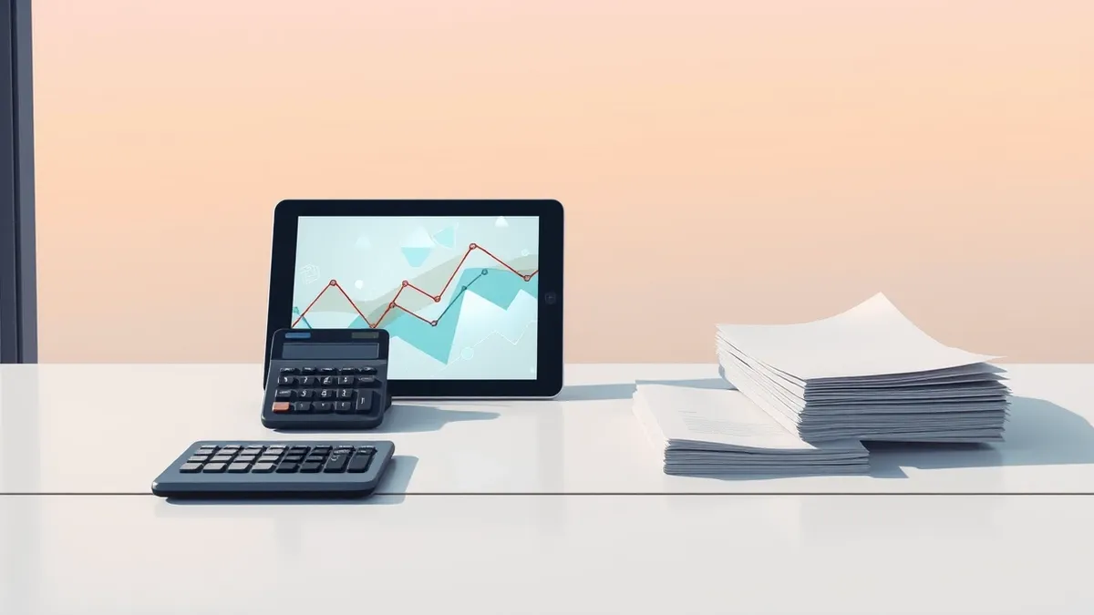 Illustration: A modern office desk holds a sleek tablet displaying abstract geometric patterns representing data flow.