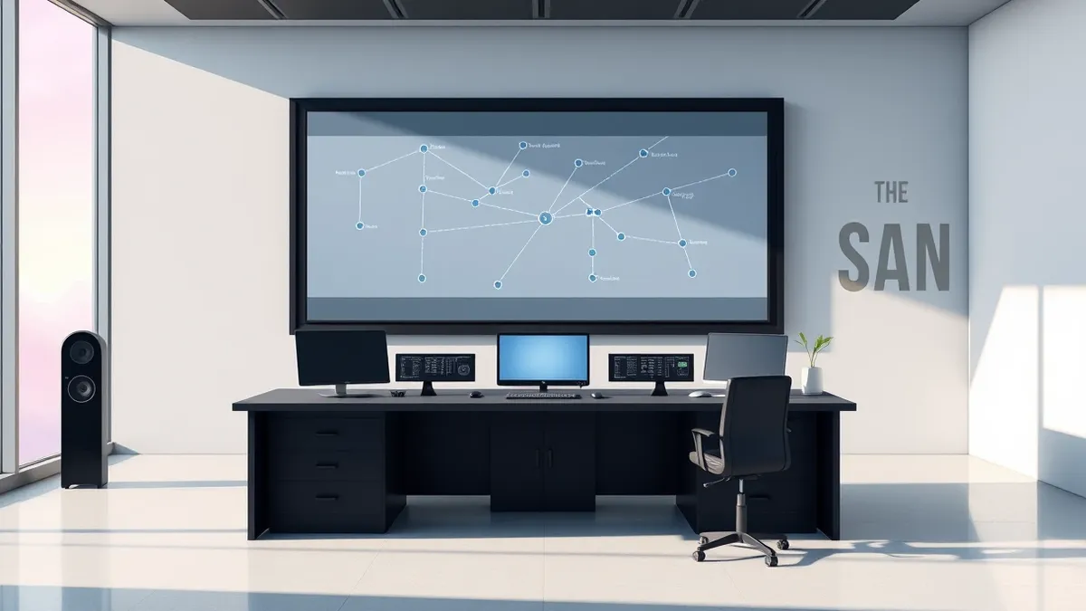 Illustration: A sleek black console sits in a quiet control room, its large monitor displaying a single unified map with connected dots representing scattered campus buildings.