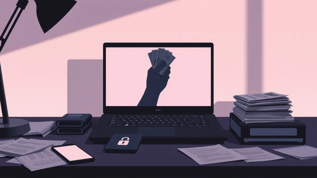 Illustration: A sleek black laptop sits on a cluttered desk, its blank screen reflecting a shadowy hand holding a stack of cash.