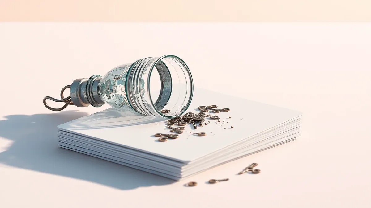 Illustration: A shattered glass seal rests on a stack of blank white cards, with tiny metallic key fragments scattered across the surface, implying a broken chain of digital trust 