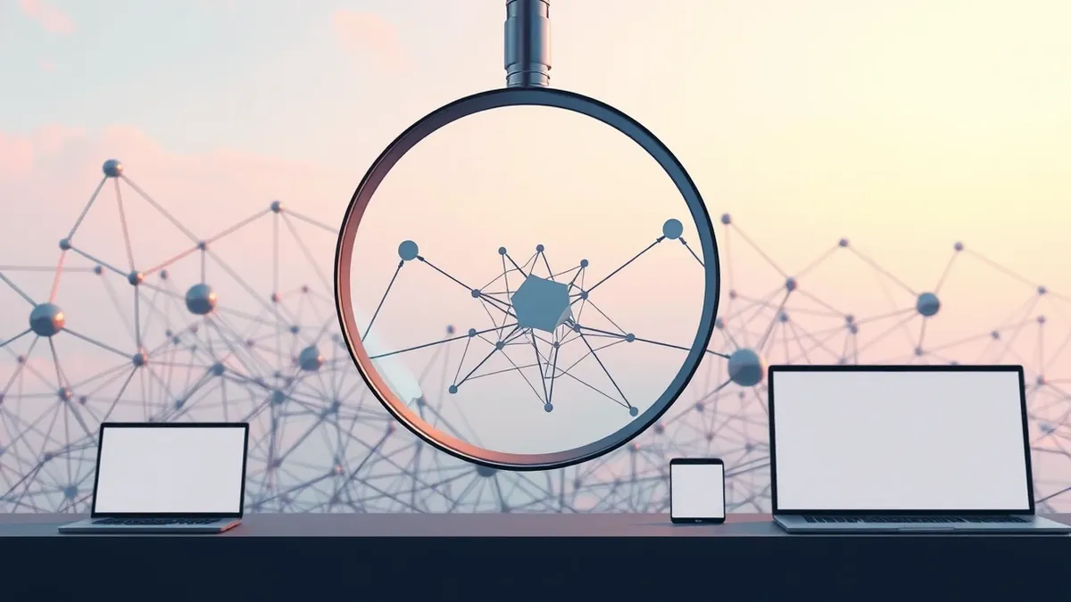 Illustration: A magnifying glass hovers over a complex web of abstract geometric shapes and tangled lines.