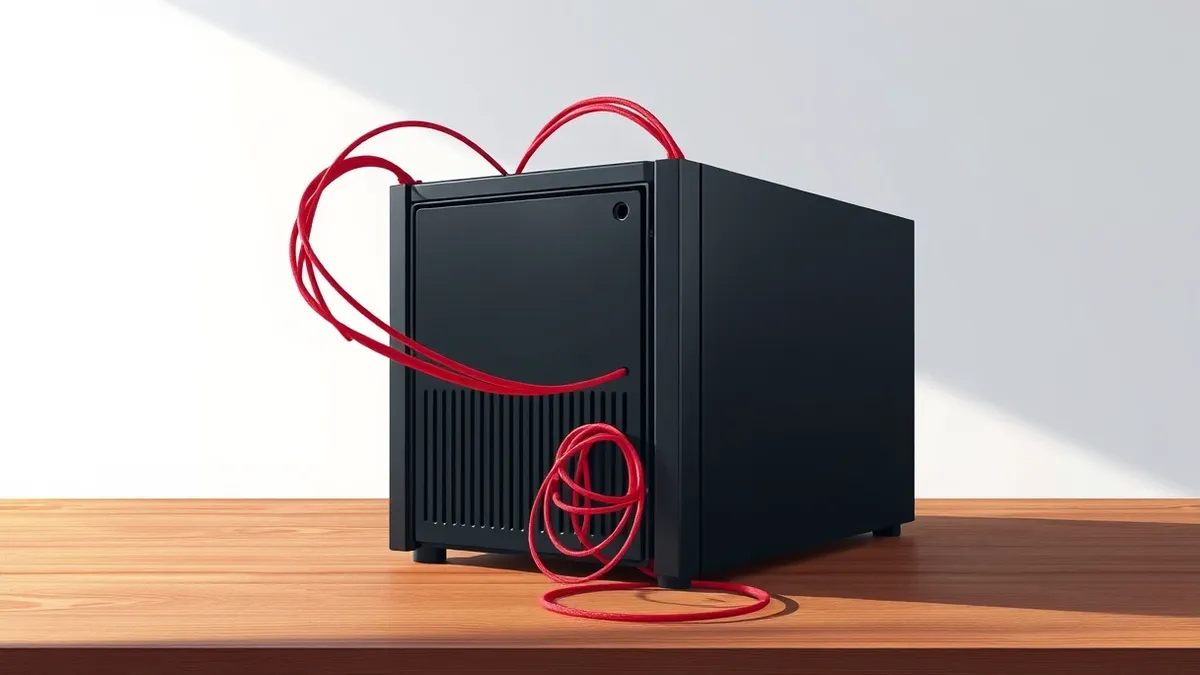 Illustration: A sleek black network attached storage unit sits on a wooden desk.