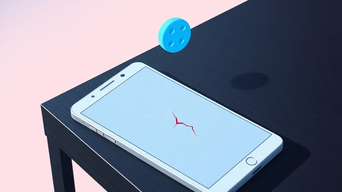 Illustration: A sleek white smartphone rests on a dark wooden desk, its screen displaying a blank browser window with a subtle red crack spiderwebbing from the center.