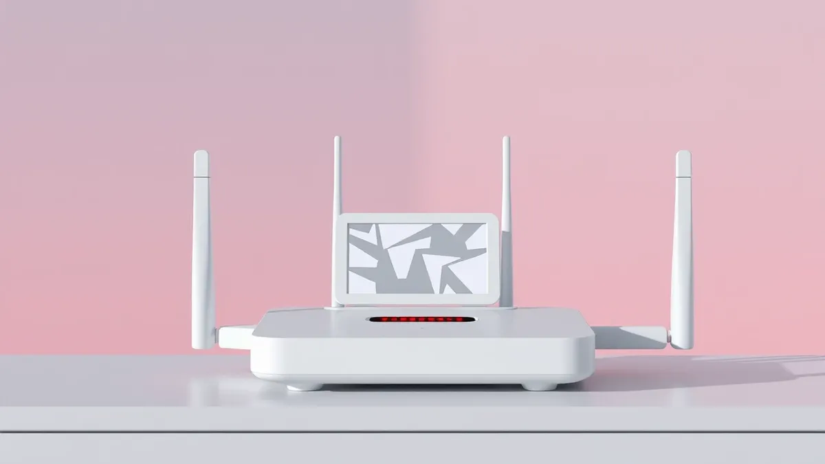 Illustration: A white wireless router sits on a plain desk, its small display screen showing abstract jagged shapes that suggest a system glitch.