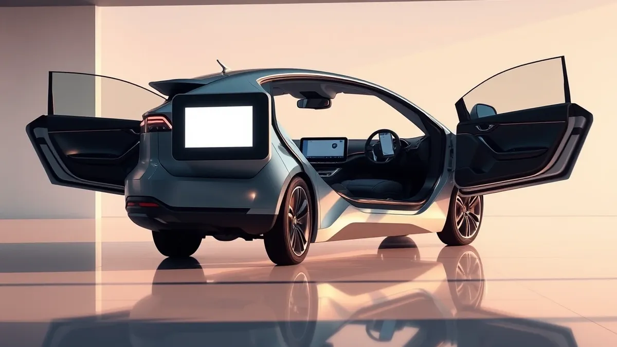 Illustration: A sleek electric sedan sits on a polished exhibition floor with its doors open.