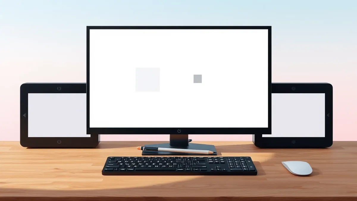 Illustration: A sleek black computer monitor sits on a wooden desk, displaying a blank white background with two distinct geometric shapes floating side by side.