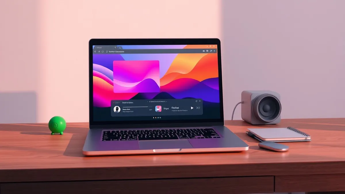Illustration: A sleek laptop sits on a wooden desk, displaying a minimalist music player interface with abstract geometric visualizers pulsing in vibrant colors.