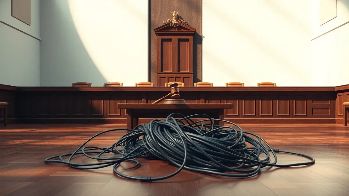 Illustration: A wooden gavel rests on a dark oak bench inside an empty courtroom.