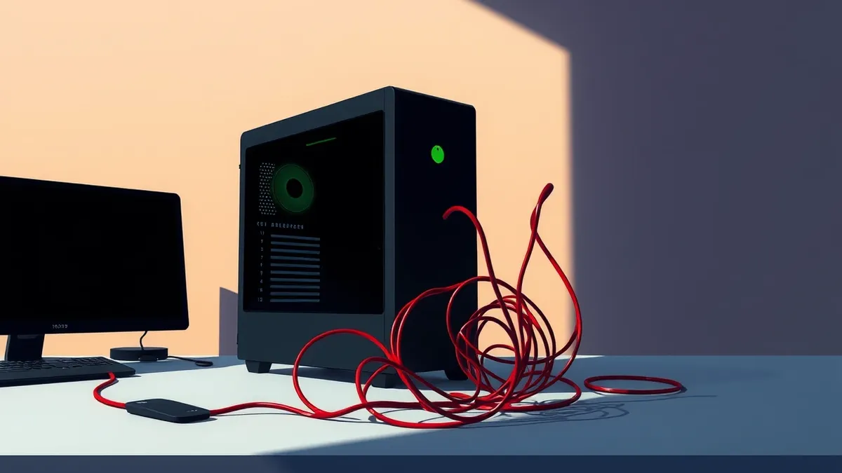 Illustration: A sleek black computer tower sits on a desk, its power LED glowing steady green.