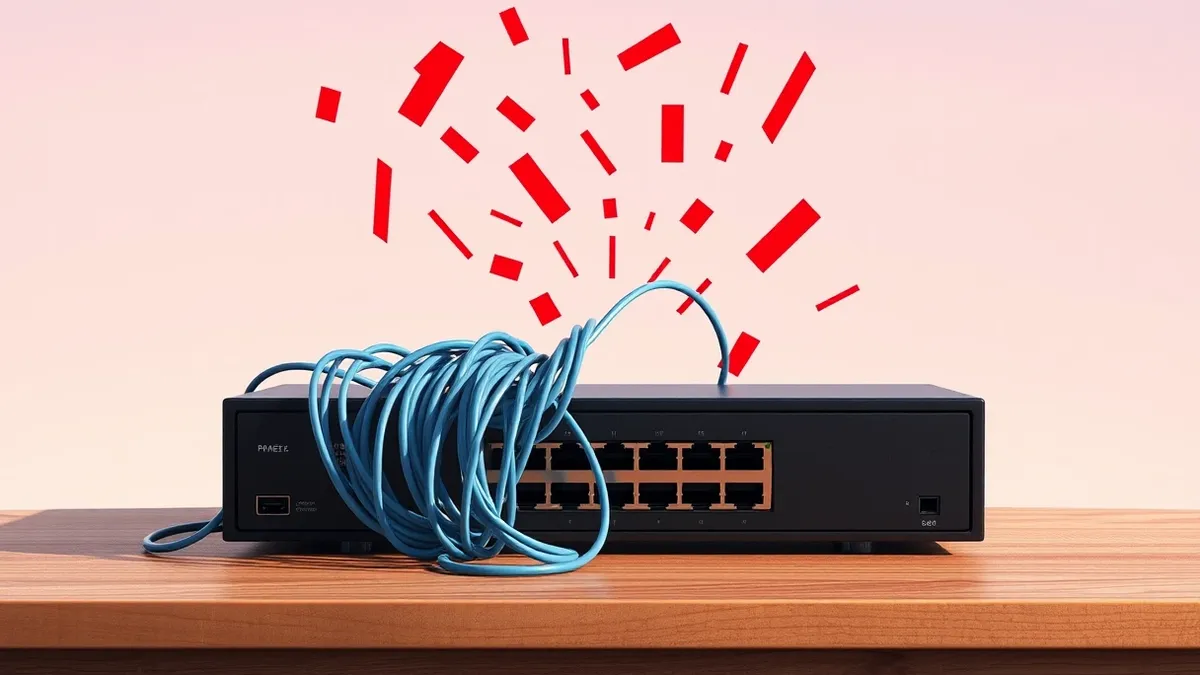 Illustration: A sleek black network switch sits on a wooden desk with tangled blue cables plugged into its rear ports.
