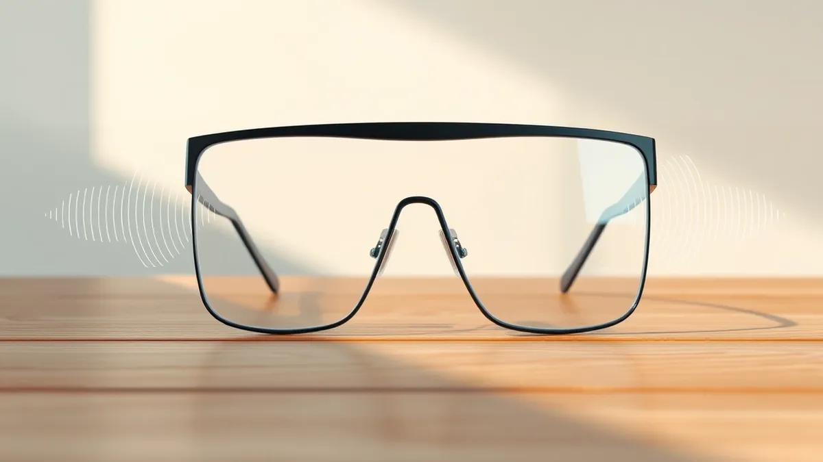 Illustration: A pair of sleek smart glasses rests on a wooden surface, with faint, translucent sound waves visibly pulsing outward from the frame to indicate active audio recording