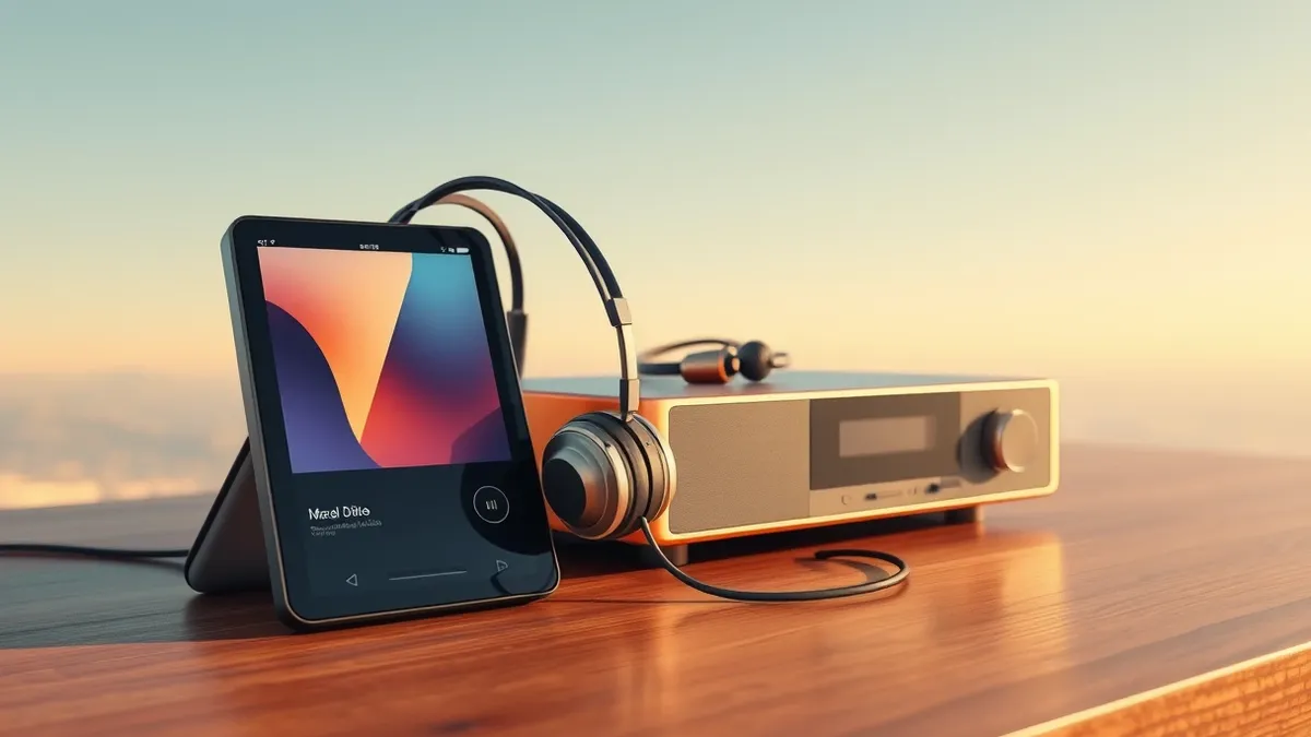 Illustration: A sleek black music player rests on a polished wooden surface, its screen displaying abstract color gradients.