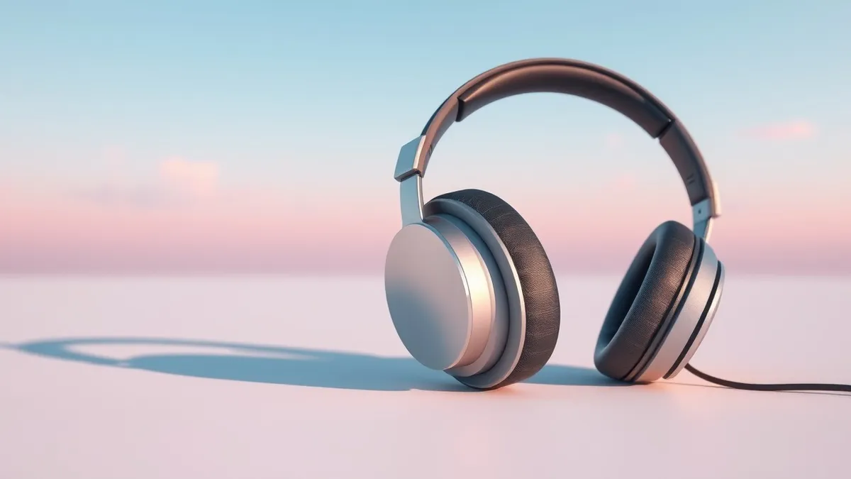 Illustration: A pair of sleek over-ear headphones rests on a clean white surface, their smooth plastic casing reflecting soft studio lighting.