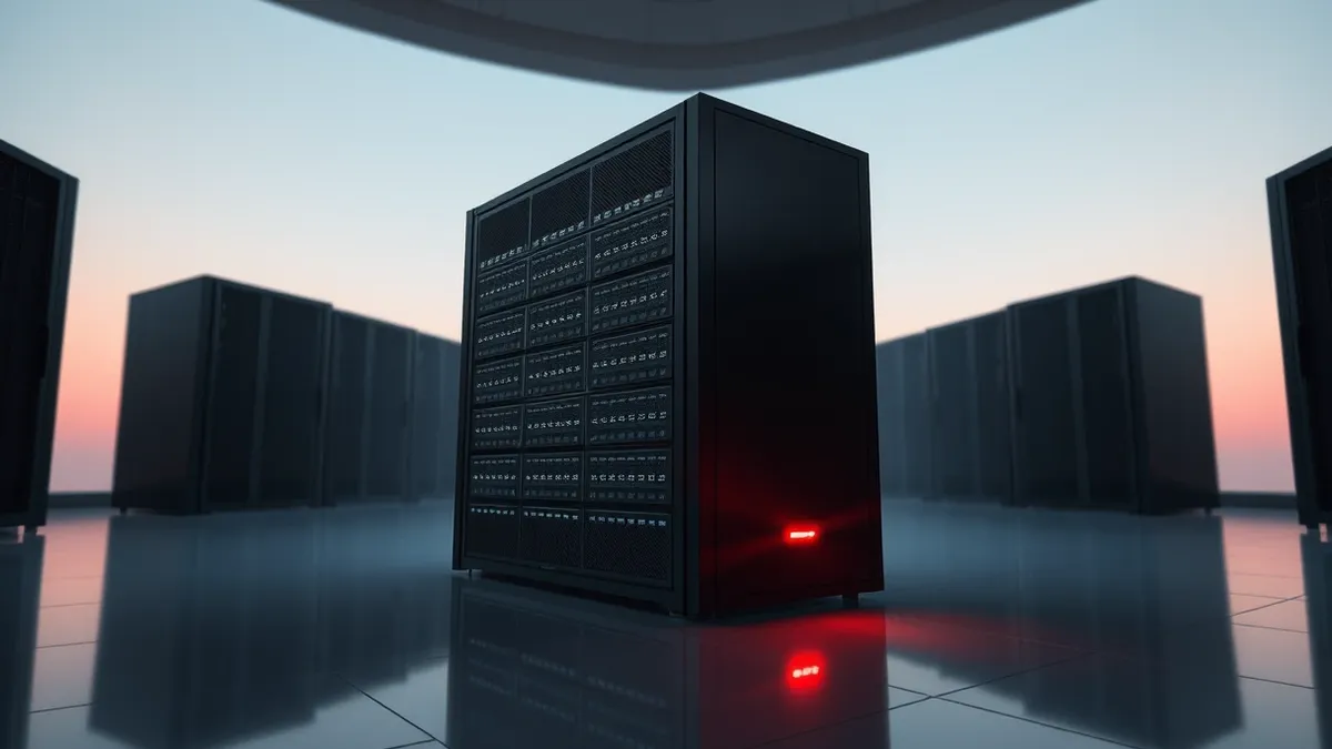 Illustration: A sleek black database server sits in a dim server room, its front panel covered in blank indicator lights.