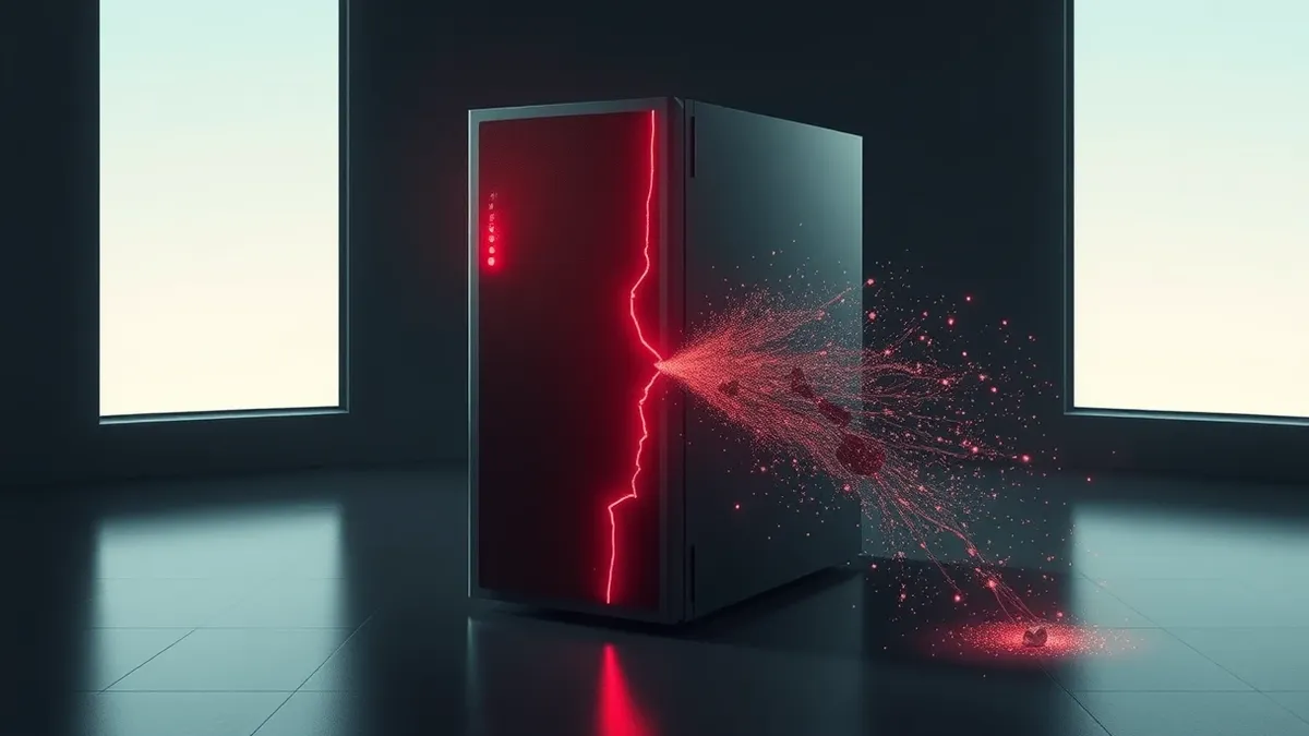 Illustration: A sleek cloud server tower sits isolated in a dark room, its status lights blinking erratically.