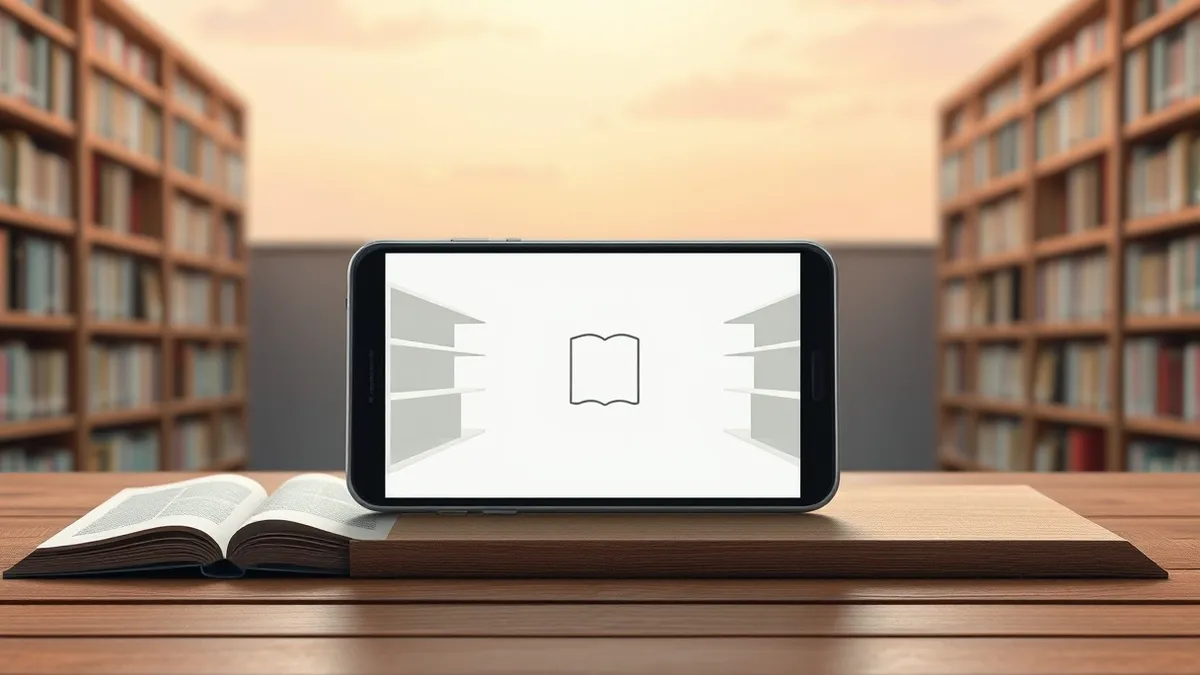 Illustration: A smartphone displaying a blank library interface with empty shelf outlines sits on a wooden desk.