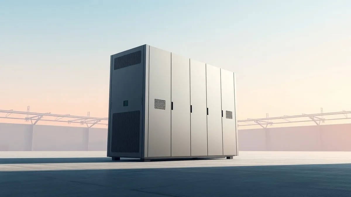 Illustration: A sleek, monolithic server rack stands isolated in a stark industrial warehouse.