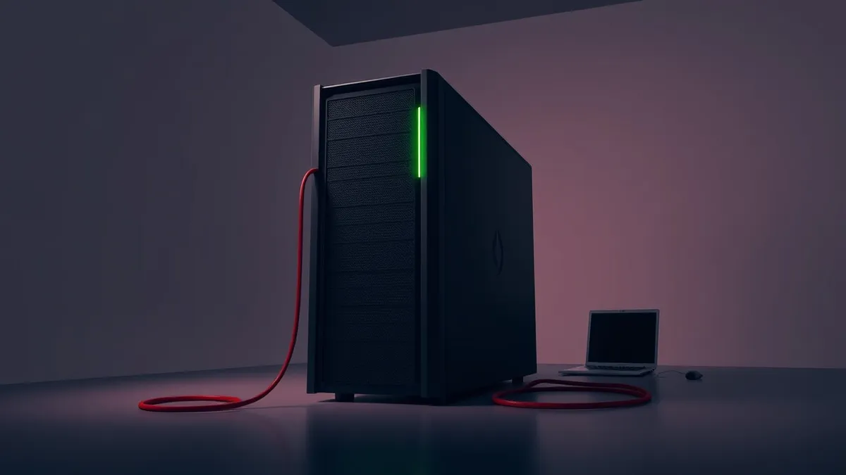 Illustration: A sleek black GPU server sits in a dim room with its green monitoring lights flickering erratically.