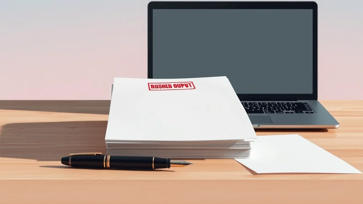 Illustration: A neat stack of blank white papers rests on a wooden desk next to a sleek black laptop.