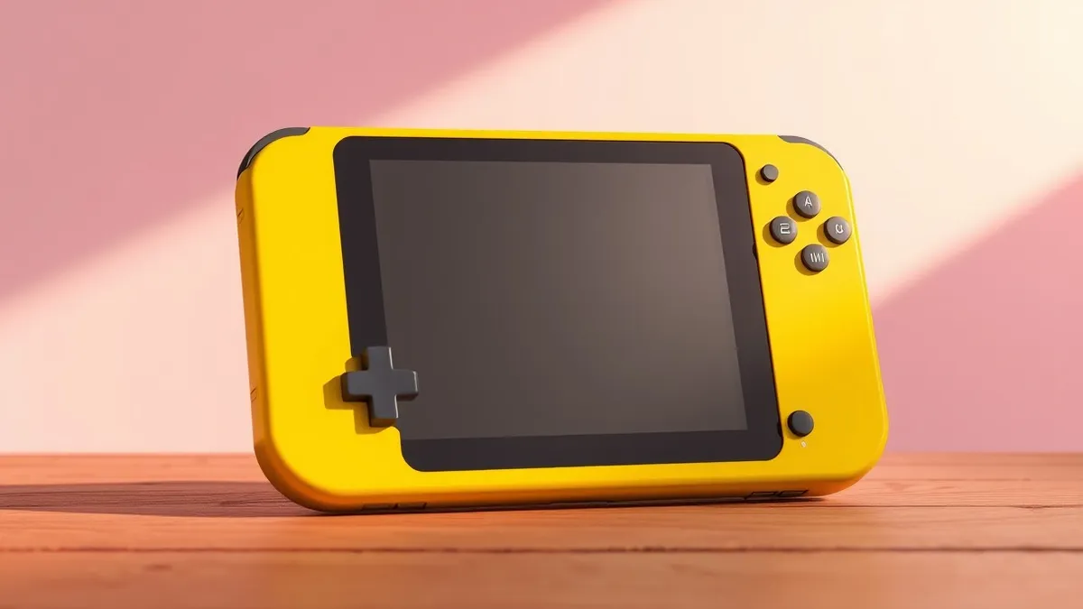 Illustration: A bright yellow handheld gaming device sits on a wooden surface, its distinctive analog crank extending from the side.