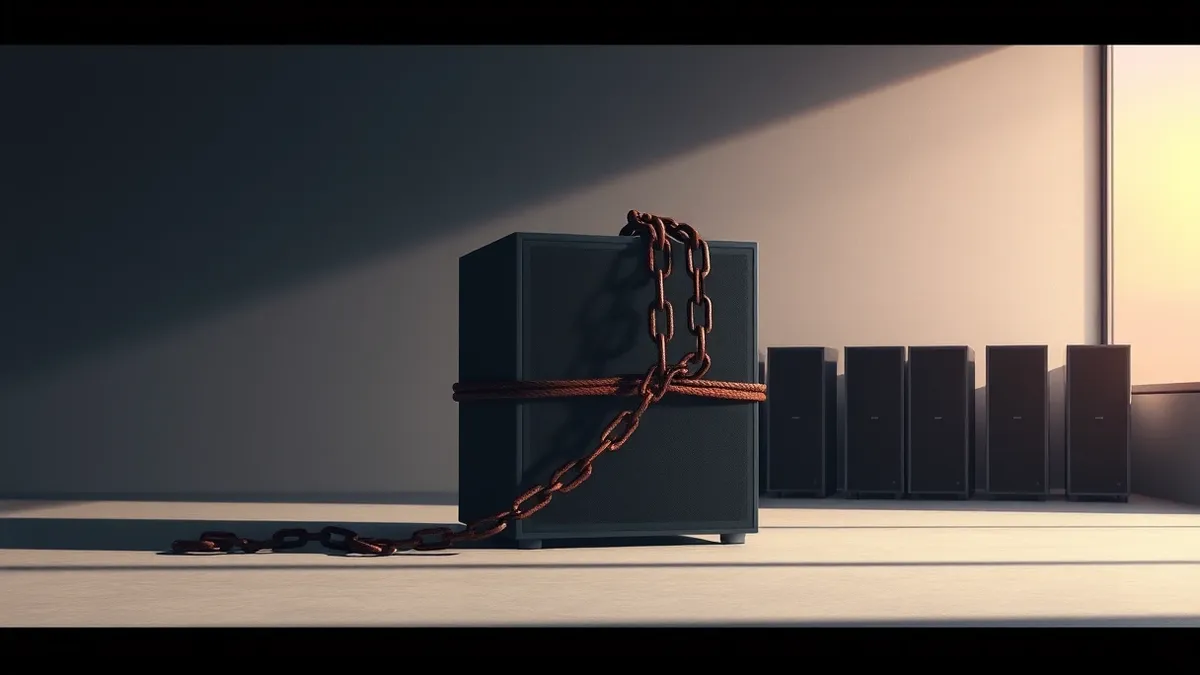 Illustration: A sleek, blank server unit sits alone in a dimly lit room.