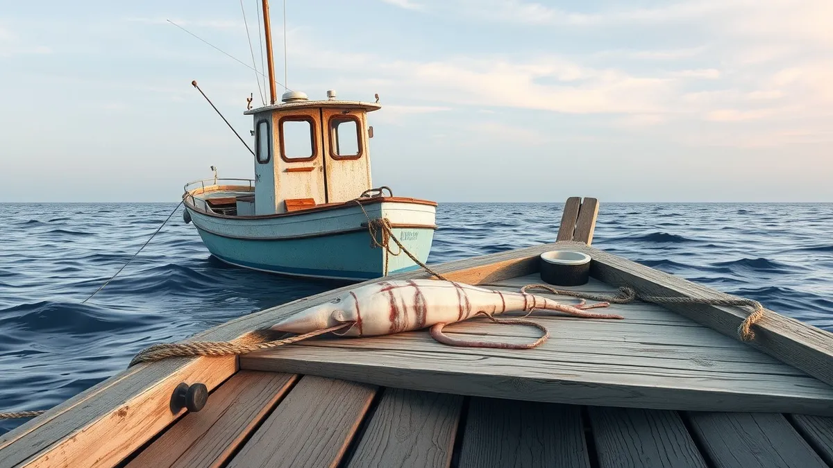 Illustration: A weathered fishing boat rocks gently on gray waves off the Massachusetts coast.