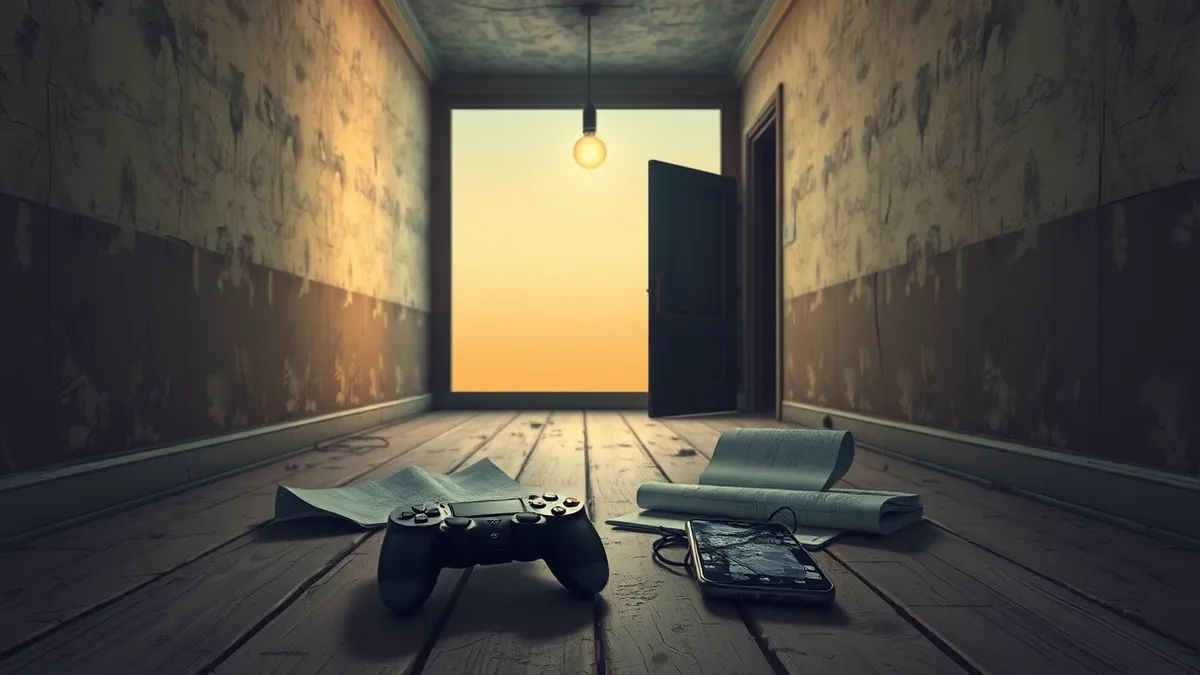 Illustration: A dimly lit, dusty corridor stretches into darkness, with peeling wallpaper and a single flickering light bulb hanging from the ceiling.