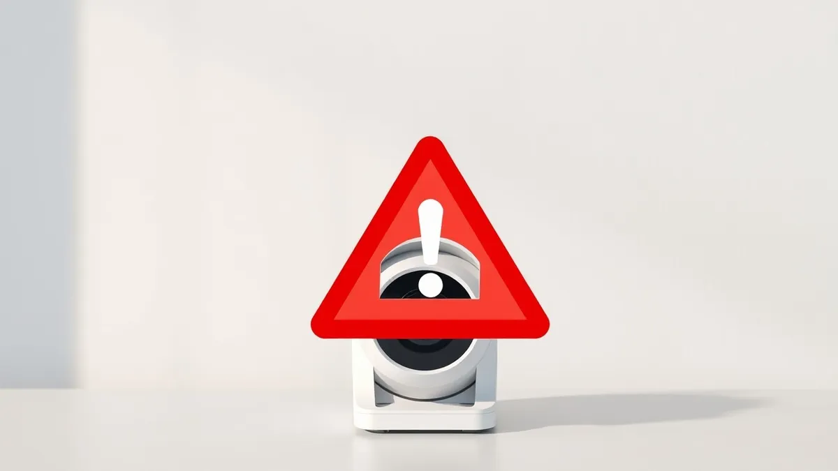Illustration: A generic white security camera rests on a desk, its lens facing forward.