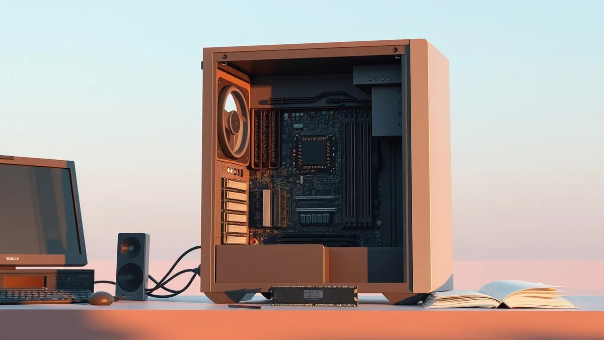 Illustration: A sleek desktop computer tower sits open on a workbench, revealing an empty central processing unit socket surrounded by aged circuitry.