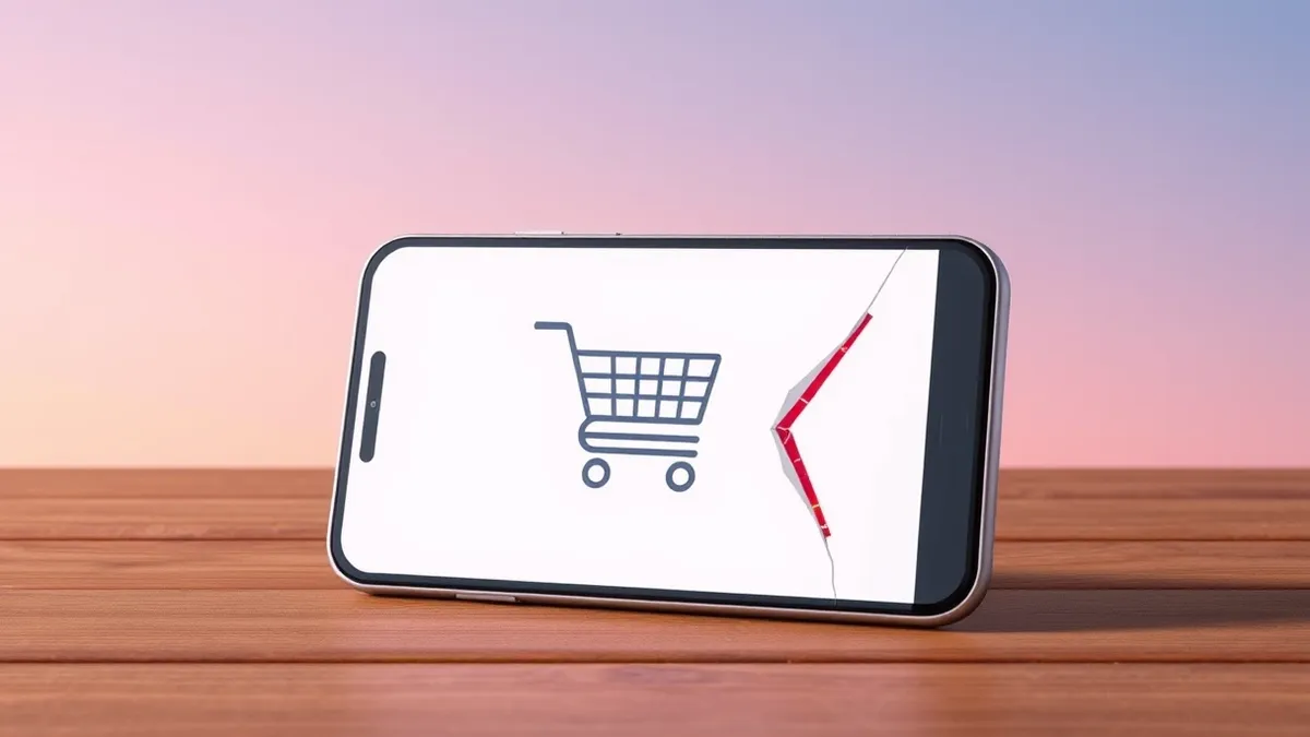 Illustration: A generic smartphone rests on a wooden desk, displaying a blank online shopping cart icon on its screen.