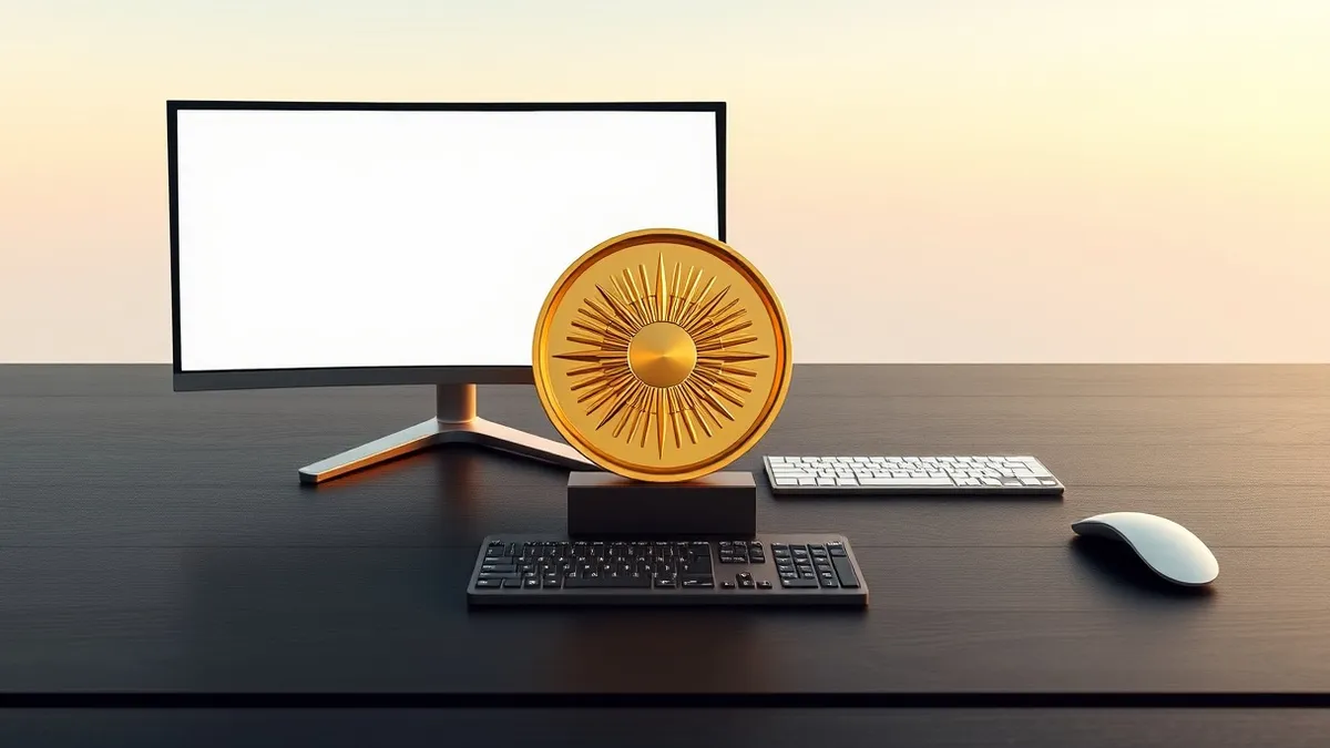 Illustration: A polished gold medallion with a starburst design rests on a dark wooden table.