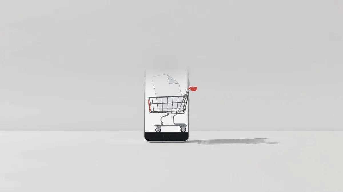 Illustration: A generic smartphone displays a blank shopping cart icon on its screen.