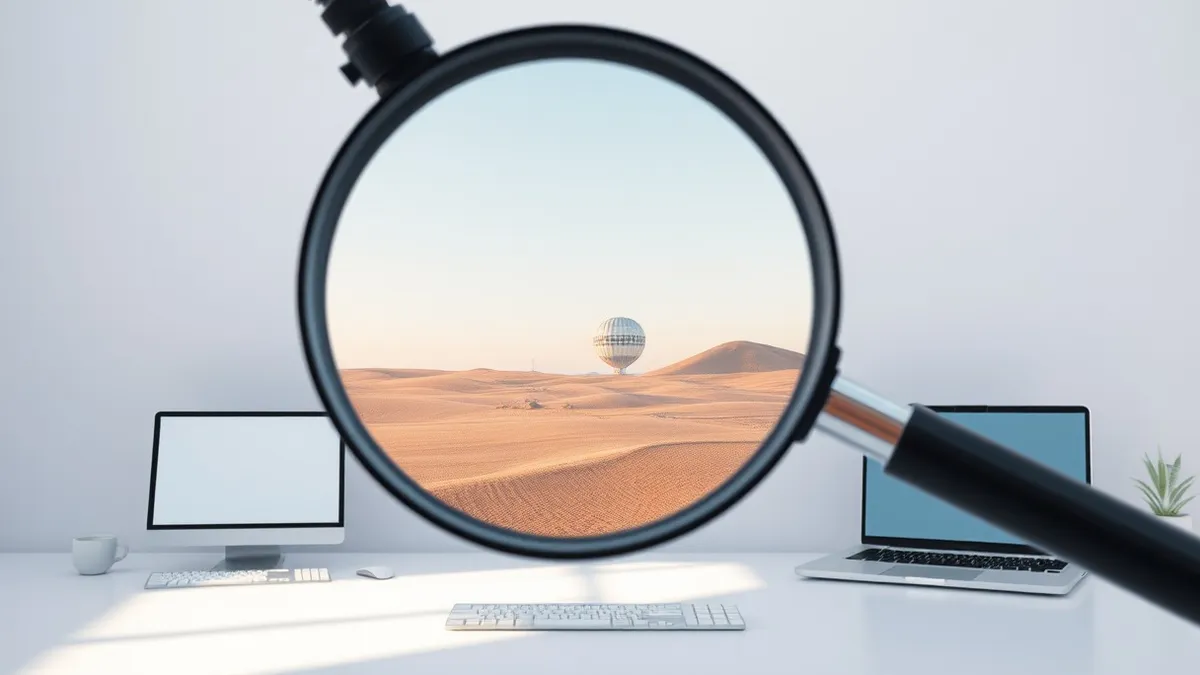 Illustration: A magnifying glass hovers over a digital canvas, revealing faint geometric patterns embedded within an abstract image.